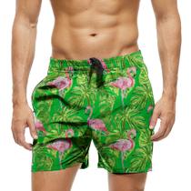 Short Praia Shorts Banho Bermuda Verão Flamingo Arte Folhas Verde 1871 Short Praia Shorts Banho Bermuda Verão Flamingo Arte Folhas Verde 1871