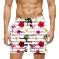 Short Praia Shorts Banho Bermuda Verão Flamingo Cartoon Flores 1842