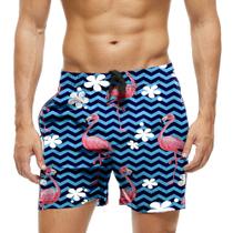Short Praia Shorts Banho Bermuda Verão Flamingo Cartoon Flores White 1808