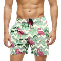 Short Praia Shorts Banho Bermuda Verão Flamingo Cartoon Listras Folha 1795