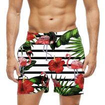 Short Praia Shorts Banho Bermuda Verão Flamingo Folhas Plantas Arte 1828
