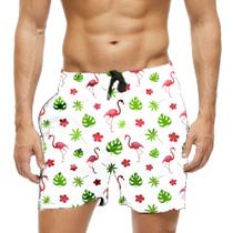 Short Praia Shorts Banho Bermuda Verão Flamingo Folhas Verde Cartoon 1811
