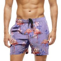 Short Praia Shorts Banho Bermuda Verão Flamingos Arte Rosa 1823