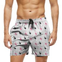 Short Praia Shorts Banho Bermuda Verão Flamingos Estilo Preto Rosa 1866