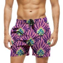 Short Praia Shorts Banho Bermuda Verão Flores Arte Cartoon Roxo Rosa 869