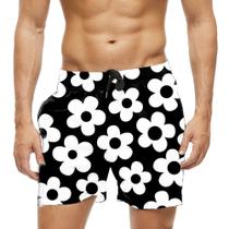 Short Praia Shorts Banho Bermuda Verão Flores Brancas White 861