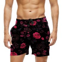 Short Praia Shorts Banho Bermuda Verão Flores Florida Rosa Vermelho 575