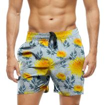 Short Praia Shorts Banho Bermuda Verão Flores Pintura Amarelo 1356