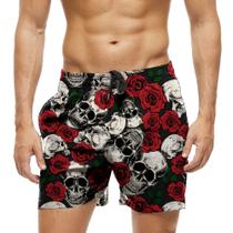 Short Praia Shorts Banho Bermuda Verão Flores Rosas Caveiras Retro 740