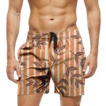 Short Praia Shorts Banho Bermuda Verão Folhas Listras Laranja 1460