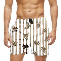 Short Praia Shorts Banho Bermuda Verão Folhas Listras Marrom 1531