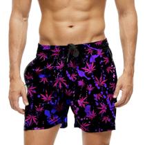 Short Praia Shorts Banho Bermuda Verão Folhas Planta Roxa Vibes Art 1105