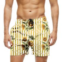 Short Praia Shorts Banho Bermuda Verão Girassol Pétalas Xadrez Amarelo 1432