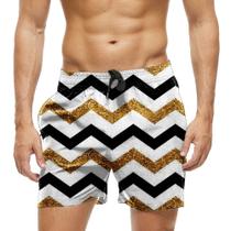 Short Praia Shorts Banho Bermuda Verão Listras Zig Zag Preto Dourado 589 Short Praia Shorts Banho Bermuda Verão Listras Zig Zag Preto Dourado 589