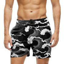 Short Praia Shorts Banho Bermuda Verão Mar Preto Black Cartoon Ondas 794