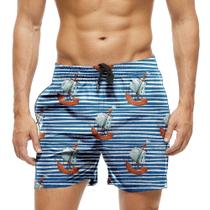 Short Praia Shorts Banho Bermuda Verão Navio Barco Mar Listras Azul 1538