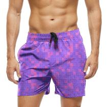 Short Praia Shorts Banho Bermuda Verão Puzzle Pixel Rosa Arte Purple 1191