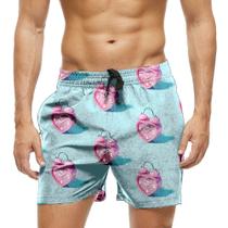 Short Praia Shorts Banho Bermuda Verão Relógio Coração Rosa Cartoon 1145