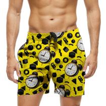 Short Praia Shorts Banho Bermuda Verão Relógio Formas Preto Black 1518