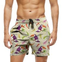 Short Praia Shorts Banho Bermuda Verão Tucano Folhas Colorido Desenho 1863