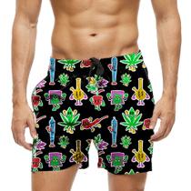 Short Praia Shorts Banho Bermuda Verão Vibes Planta Verde Cartoon 1123
