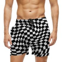 Short Praia Shorts Banho Bermuda Verão Xadrez Preto Branco Tabuleiro 520