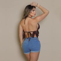 Short Premium Com Jeans Marmorizado de Barra Dobrada New Com Cinto Amarra