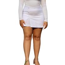 Short Saia Com Botão e Fenda Basico Elegante Tecido Bengaline Plus Size- Branco