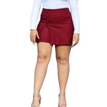 Short Saia Com Botão e Fenda Basico Elegante Tecido Bengaline - Vinho Marsala