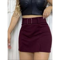 Short saia crepe cinto fixo fivela quadrada feminina fashion