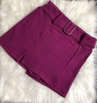 Short saia crepe cinto fixo fivela quadrada feminino casual