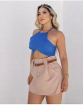 short saia feminino alfaiataria com bolso e zíper com cinto couro