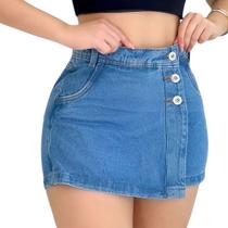 Short Saia Jeans com Botões e Bolsos Moda Feminina Verão Short Saia Jeans com Botões e Bolsos Moda Feminina Verão