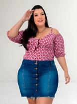 Short Saia Jeans Plus Size Botões Barra Desfiada