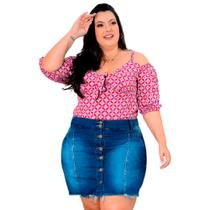 Short Saia Jeans Plus Size Botões Barra Desfiada