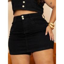 Short Saia Plus Size Feminino cintura alta claro 2 botoes Preto Short Saia Plus Size Feminino cintura alta claro 2 botoes Preto