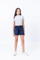 Short Sarja Menina Juvenil Com 2 Bolsos Frontais, Cinto, Bainha Italiana, Elástico na Cintura com Passantes para Cinto Marinho