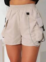 Short Tactel Cargo Feminino Corrente Fita Cintura Alta