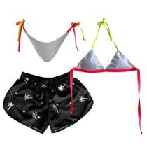 Short Tactel Moda Praia e Conjunto Biquíni Amarração Neon
