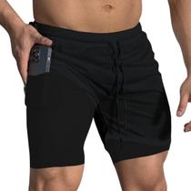 Short Treino Dry Fit Térmico 2 em 1 com Bolso para Celular e Porta-Toalha Calção Fitness Academia