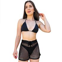 Shortinho Curto Furadinho Feminino Arrastão Cintura Alta Transparente Moda Praia Verão Banho Leve Fresco