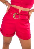 Shorts Alfaiataria Hotpants C/ Cinto Fivela e Bolsos Costuras Pesponto Shorts Alfaiataria Hotpants C/ Cinto Fivela e Bolsos Costuras Pesponto