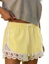 Shorts Bell Princess com acabamento em renda e cordão femininos amarelos