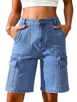 Shorts Bermuda Cargo Jeans Feminino Eddoyee Azul Tamanho Médio