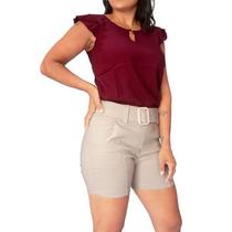 Shorts Bermuda Feminino Com Cinto Sarja Elastano Alfaitaria