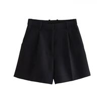 Shorts Bermuda Vintage De Cintura Alta Para Mulheres Com Bolsos Laterais E Zíper Frontal Shorts Bermuda Vintage De Cintura Alta Para Mulheres Com Bolsos Laterais E Zíper Frontal