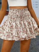 Shorts Casuais De Moda Com Estampa Floral, Cintura Alta, Elástico E Barra Em Camadas Para Primavera