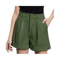 Shorts Casuais Femininos plus Size Verde Oliva De Cintura Alta, Tecido, Caimento Solto, Comprimento