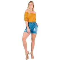 Shorts Clochard Jeans com Bolsos Plus Size Feminino Cintura Alta Catwalk Azul Jeans