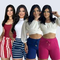 Shorts Crepe Feminino Kit Combo Liso Listrado Floral Cores Variadas Confortavel Leve Estiloso